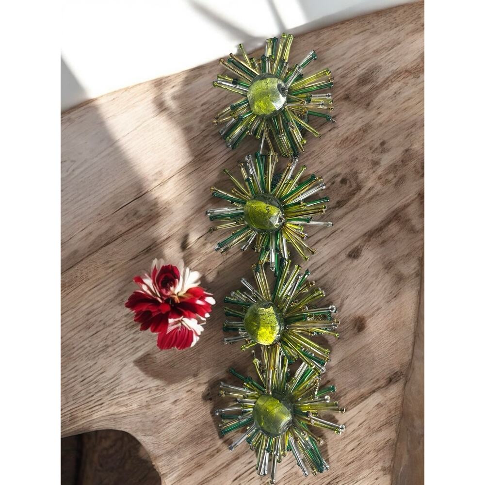 Pier 1 One Napkin Rings Jeweled Green Beaded Wired Gold Inside Ring Set Of 4